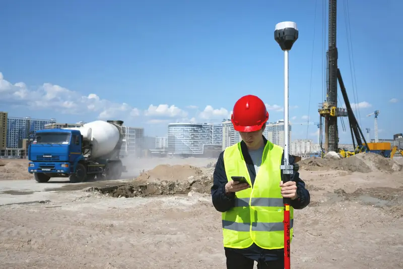 Técnico con casco y chaleco realizando un levantamiento con receptor GNSS