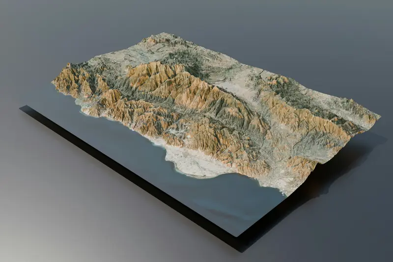 Modelo tridimensional del relieve de una cordillera